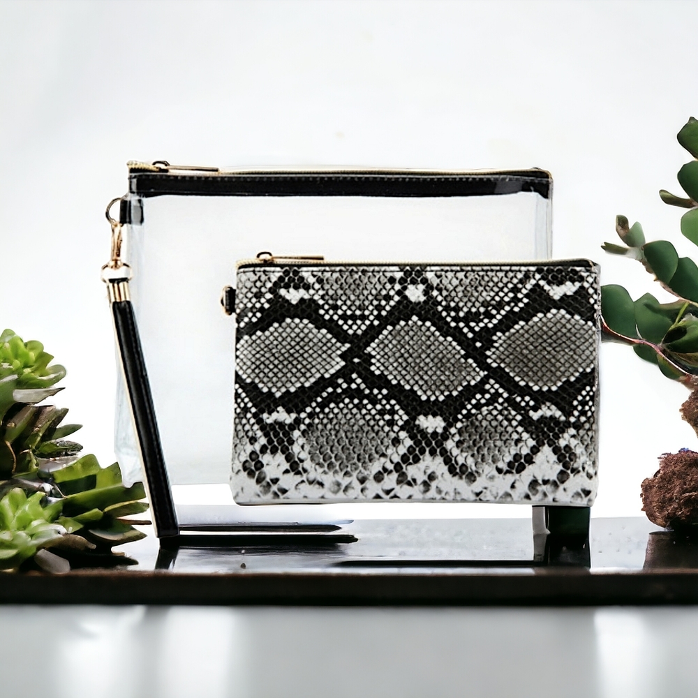 69075 Set: Snakeskin/Clear Cosmetic Bag/Wristlet